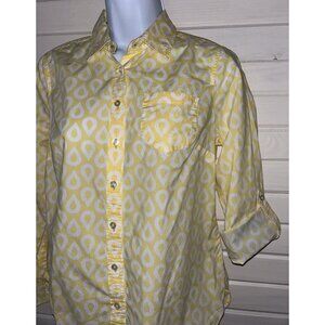 Talbots Sz PETITES 4P Yellow Teardrop Cotton Roll Tab Sleeve Button Shirt EUC